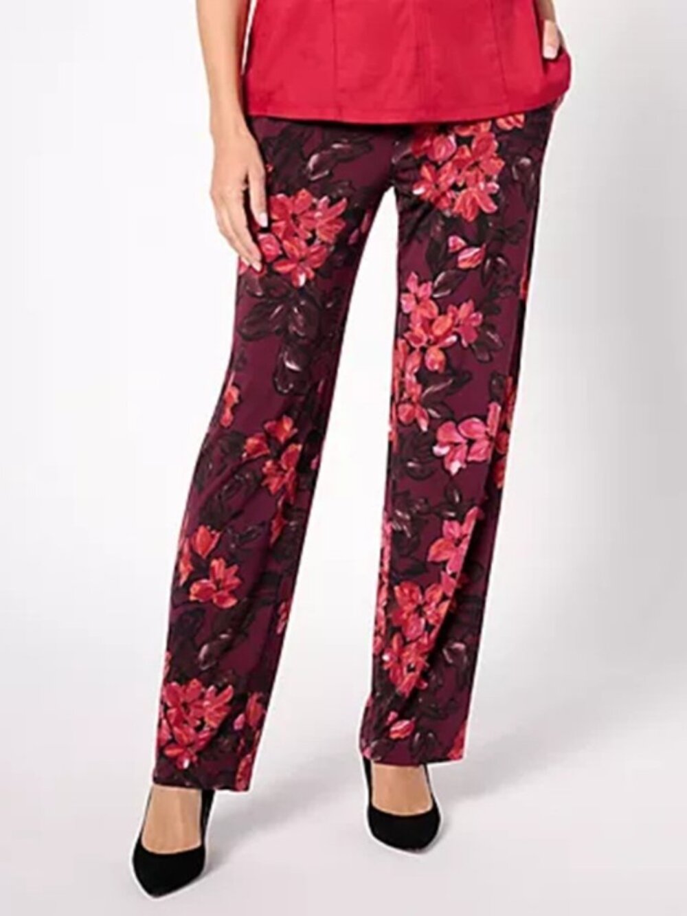 Susan Graver Printed Liquid Knit Straight Leg Pants Burgandy Copper 5X Petite
